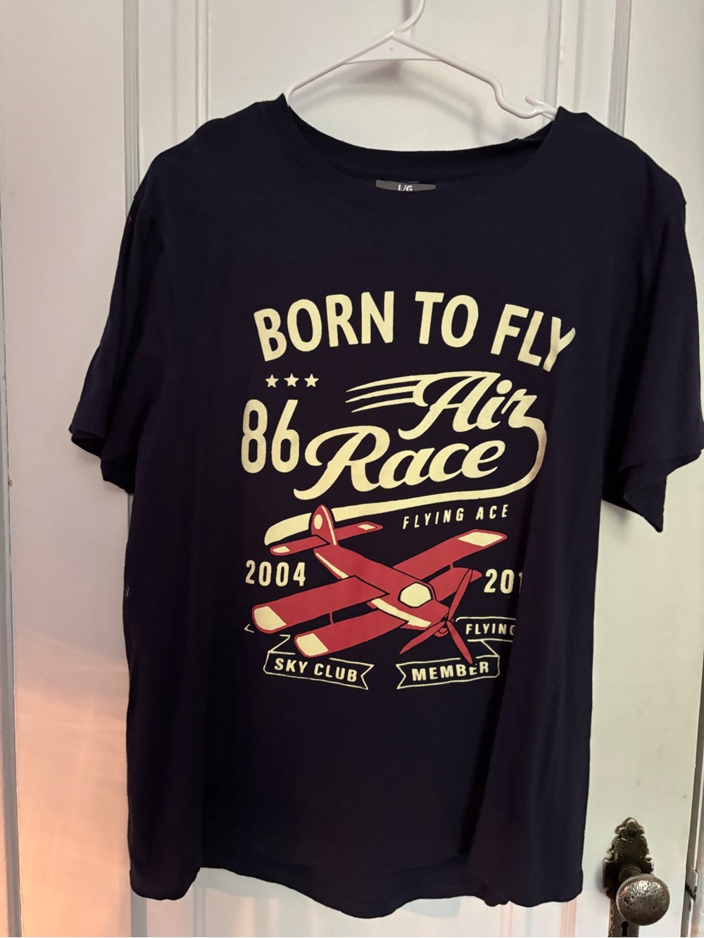 Black 'Born to Fly' Graphic Tee with Red Plane Print